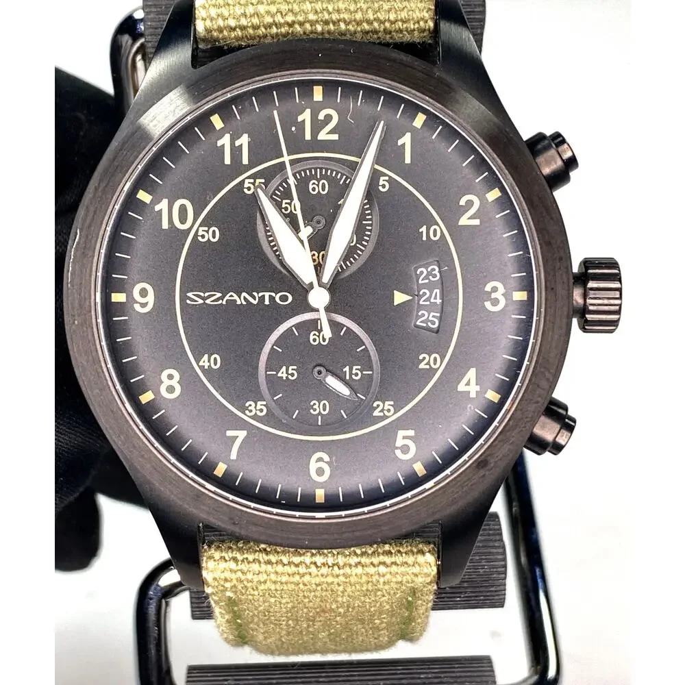 Szanto 1202 Chronograph 46mm Pilot Watch Military Aviator Black Dial Quartz 100m